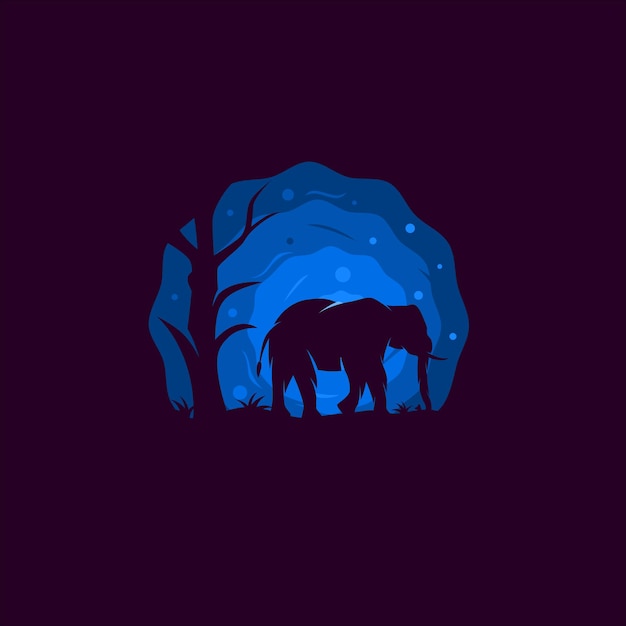 Elephant silhouette walking beside tree with blue moon background