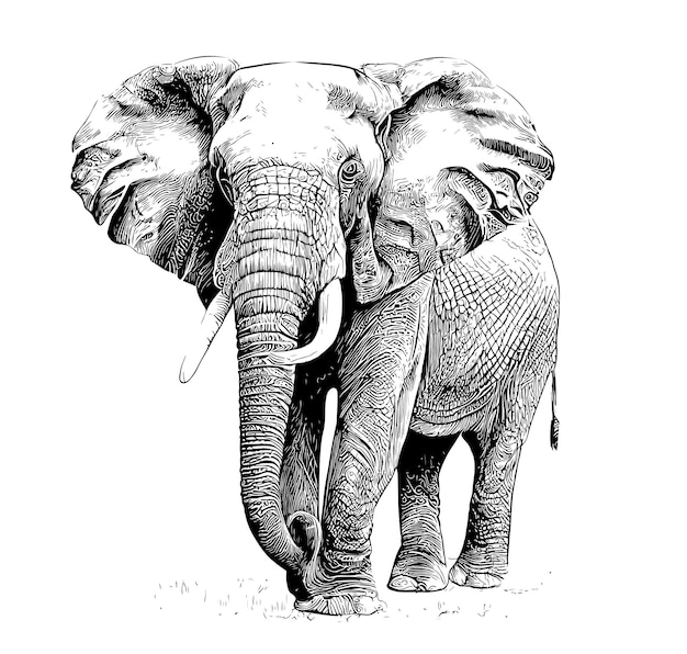 Elephant standing hand drawn engraving style sketch Vector illustration.