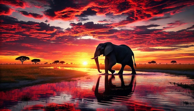 Vector elephant walking at sunset by water