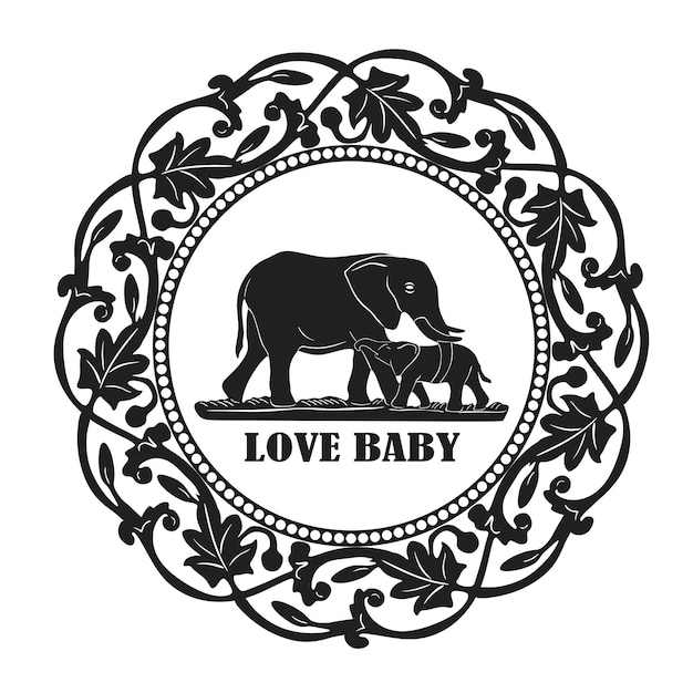 Elephant with baby and floral frame handmade silhouette logo