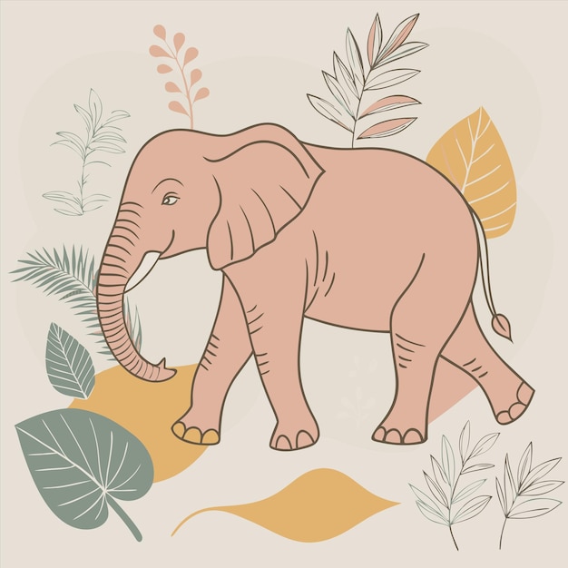 Vector an elephant with a pink tusk and leaves on it