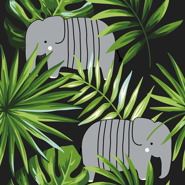 Elephant with tropical leaves seamless vector illustration pattern background