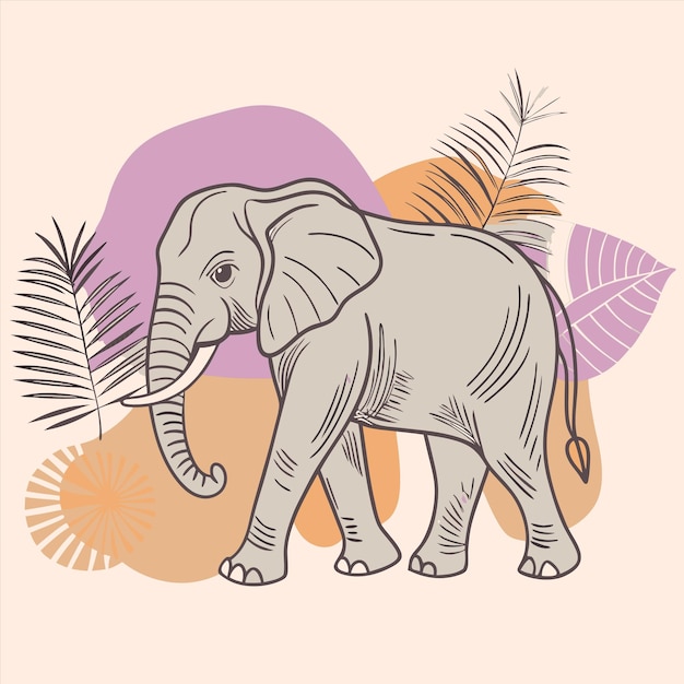 Vector an elephant with a tusk and palm leaves on it