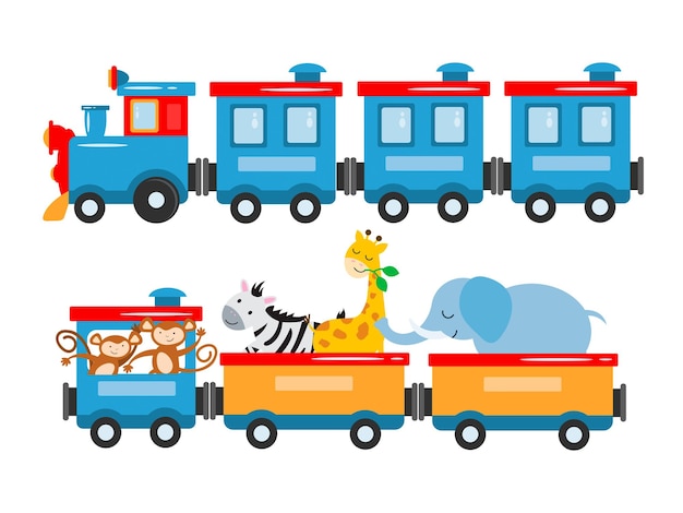 Elephant zebra giraffe and monkeys jungle animals travel on a fun train Vector illustration concept