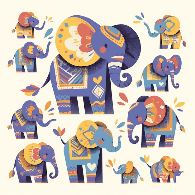 Elephants adorned with colorful decorations