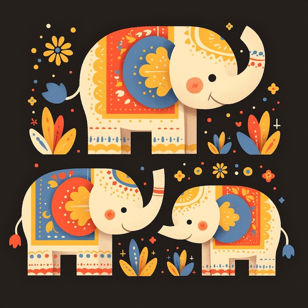 Elephants adorned with colorful decorations