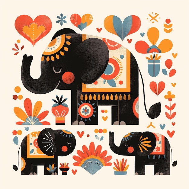 Elephants adorned with colorful decorations