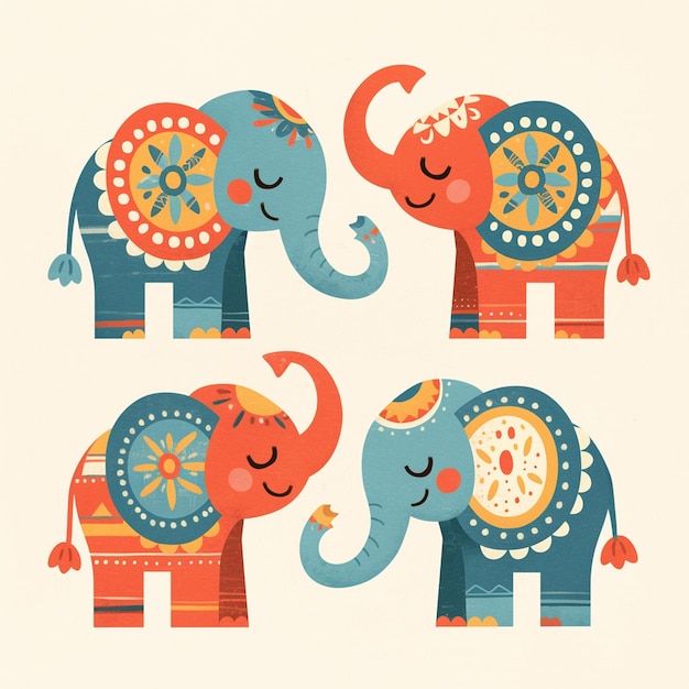 Elephants adorned with colorful decorations