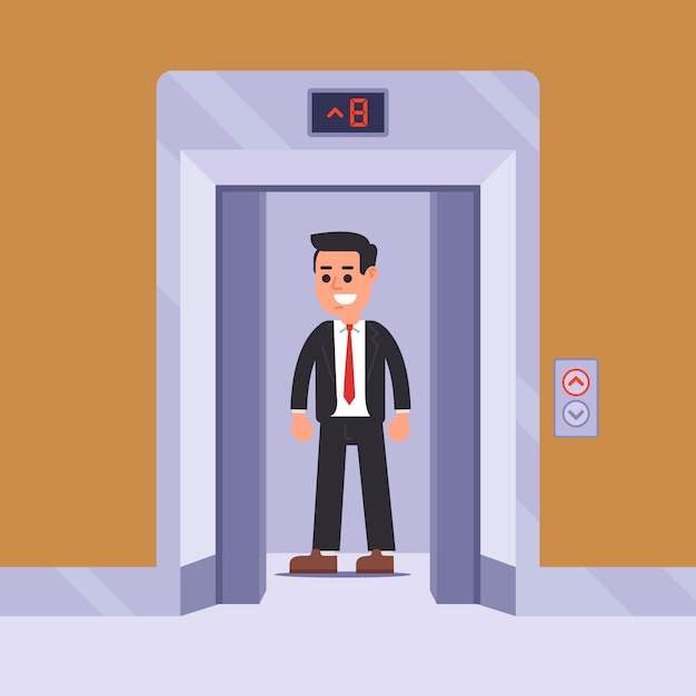 an elevator passenger rises to his floor. flat   illustration