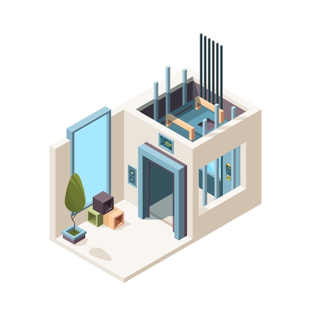 Vector elevator room. building machine hall elevator cabin mechanism in house apartment  isometric interior