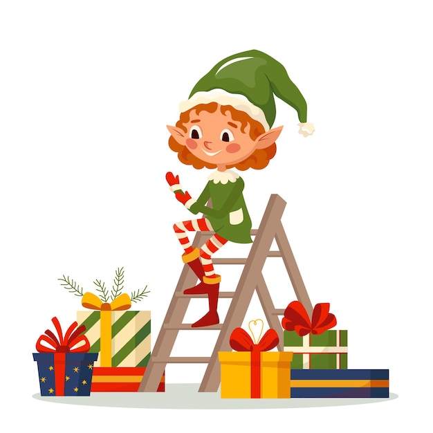 Vector elf girl clapping her hands lots of gifts nearby santa claus little helper character with presents