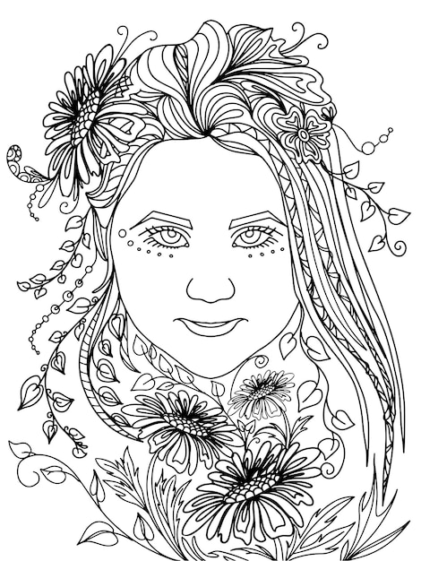 Elf girl in plants and flowers mystical girl princess lea coloring book