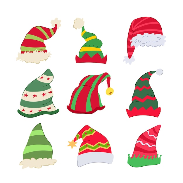 Vector elf santa hat set cartoon vector illustration