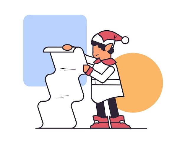 elf in uniform holding wish list boy santa helper celebrating happy new year merry christmas holidays horizontal linear vector illustration