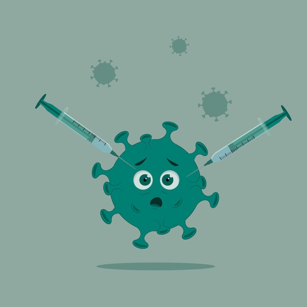 Elimination of the virus by vaccine. Syringe for injection of medical vaccine. treatment. stop the virus. A syringe of vaccine kills the virus. Vector illustration