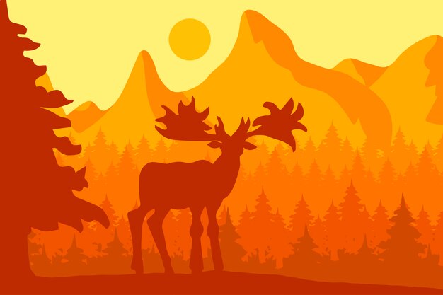 Vector elk in the morning coniferous forest