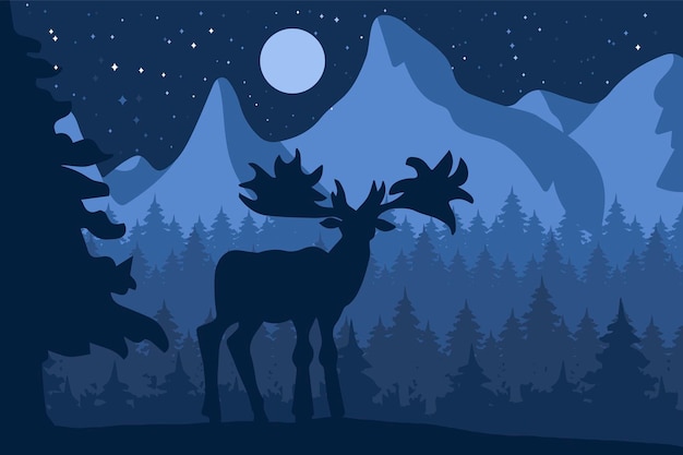 Elk in the night coniferous forest near the mountains under moon. Vector