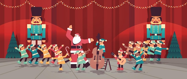 elves in uniform with musical instruments mix race santa helpers team playing guitar and trumpet happy new year christmas holidays celebration workshop interior full length horizontal vector illustrat