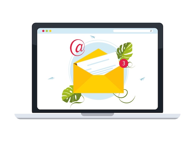 Email concept is represented by envelope and notebook icon. An incoming message on the laptop monitor screen. Vector illustration