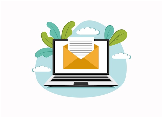 Email on laptop computer screen concept with letter and paper document flat design vector illustration