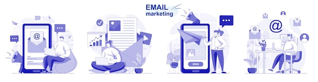 Email marketing isolated set in flat design People send advertising mailings business promotion