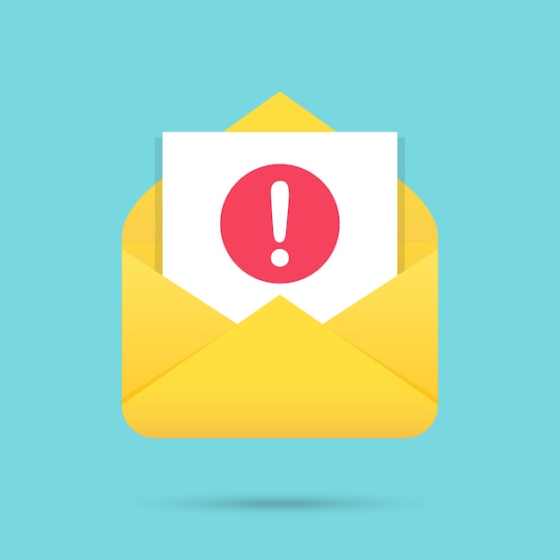 Email message with attention icon in a flat design