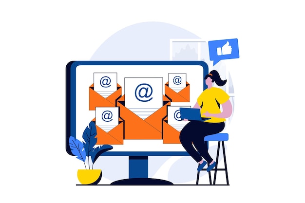 Email service concept with people scene in flat cartoon design Woman manages incoming and outgoing letters using computer application Online correspondence Vector illustration visual story for web