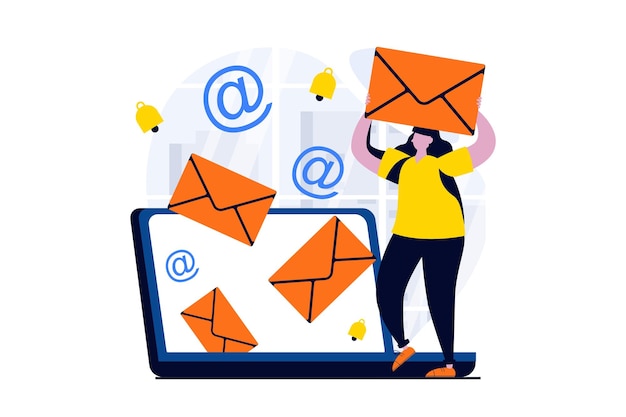 Email service concept with people scene in flat cartoon design Woman receives new notifications and manages incoming emails using desktop app for laptop Vector illustration visual story for web