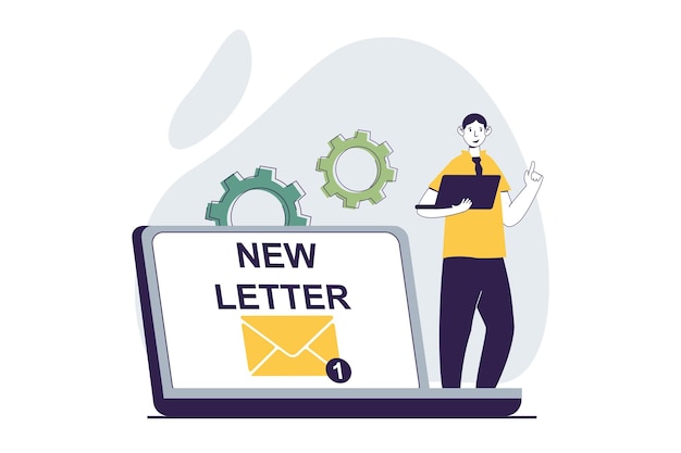 Email service concept with people scene in flat design for web Man receives notification about new incoming business letter at laptop Vector illustration for social media banner marketing material