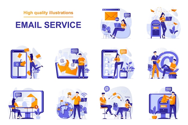 Email service web concept with people scenes set in flat style bundle of online communication progra