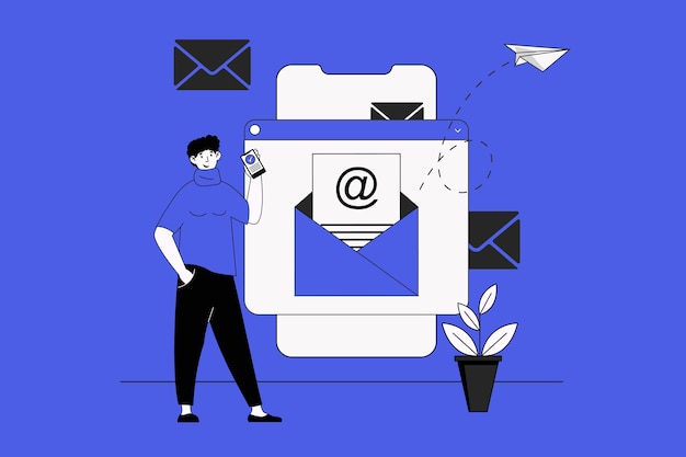 Email web concept with character scene in flat design People sending new letters from mailbox using online correspondence in mobile apps Vector illustration for social media marketing material