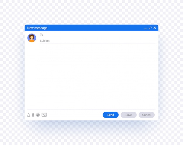 Email window template, new message interface mockup. Computer desktop screen of mail isolated.