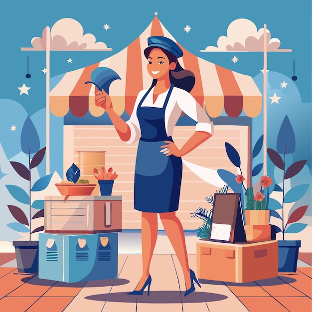 Vector emale entrepreneur running a market stall business illustration