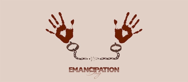 Emancipation Day, Liberation Day poster design with hand and copper bracelet or chain bracelet.