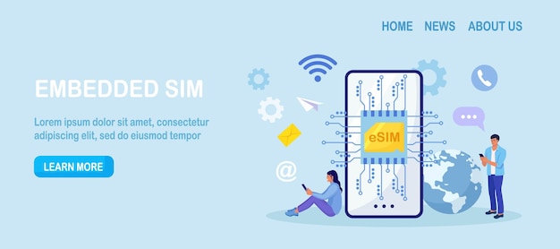 Embedded sim card on microcircuit Young people use modern mobile phone with eSIM card chip Smartphone without classical sim card New digital technology Cellphone with integrated circuit card