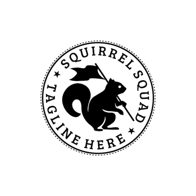 emblem badge stamp squirrel logo squirrel holding flag illustration squad logo design concept