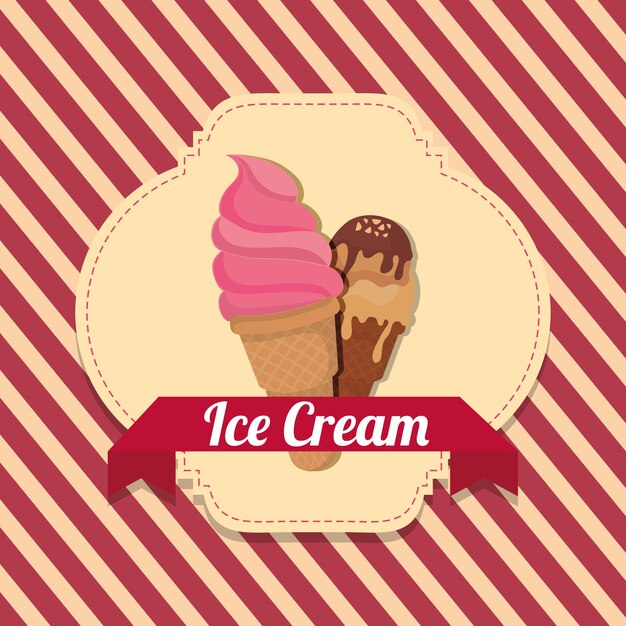 Emblem of ice cream with ice cream cones over striped red background