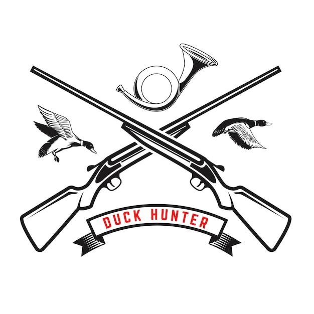 Emblem template of duck hunting club emblem with wild ducks guns hunting horn Design element for logo label sign poster t shirt Vector illustration