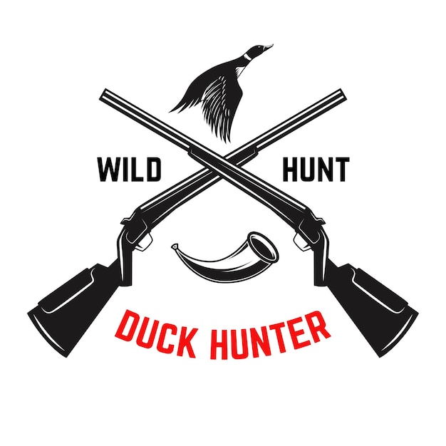 Emblem template of duck hunting club emblem with wild ducks guns hunting horn Design element for logo label sign poster t shirt Vector illustration