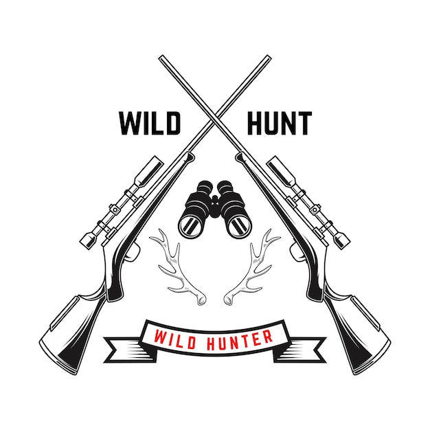 Emblem template of hunting club emblem with deer horns guns Design element for logo label sign poster t shirt Vector illustration