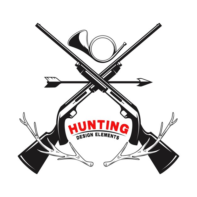 Vector emblem template of hunting club emblem with deer horns guns hunting horn design element for logo label sign poster t shirt vector illustration