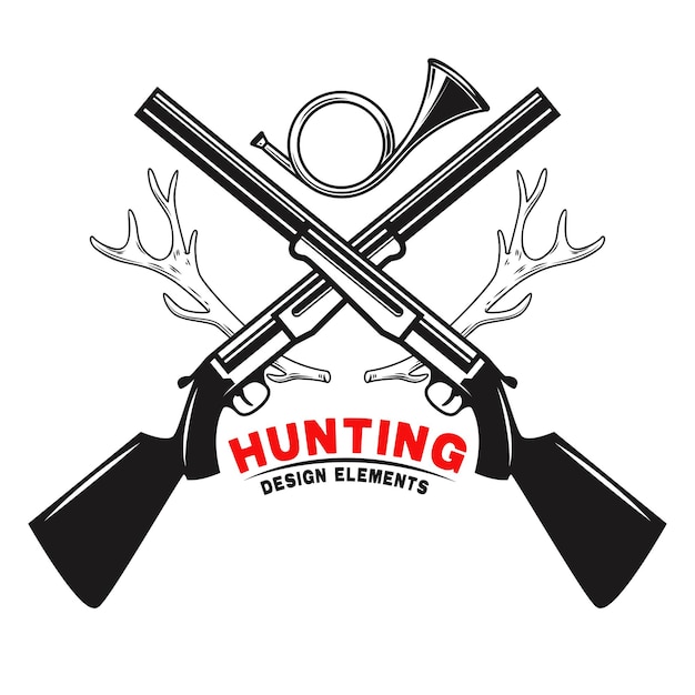 Emblem template of hunting club emblem with deer horns guns hunting horn Design element for logo label sign poster t shirt Vector illustration