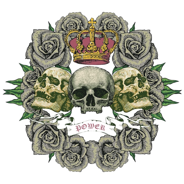 emblem with skulls and roses in the image of the royal coat of arms in the style of art tattoo