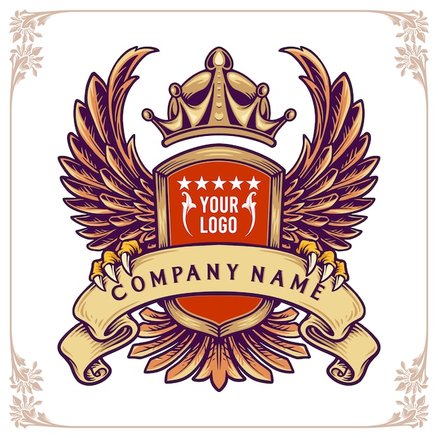 Emblem with wings, crown and ribbon. Stylish and brutal badge for Business