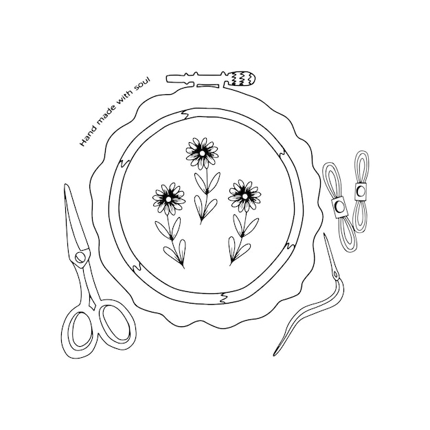 Embroidery accessories. Logo desing for needlework, sewing. Vector hoops, needle, threath art