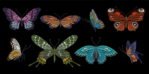 Embroidery butterflies Floral butterfly orange blue flying insects Textile decoration fashion graphic patches Stitch templates nowaday vector set