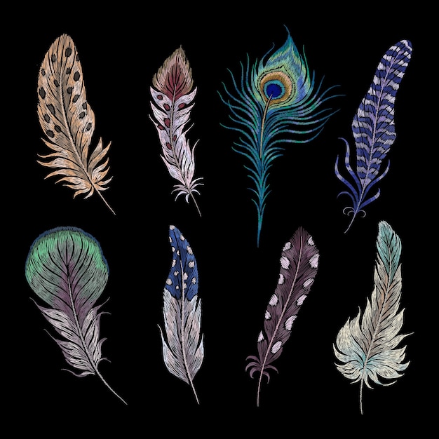 Embroidery feathers Birds feather ethnic design boho style patches Hand stitch tribal elements peacock wings decorative art Nowaday vector set