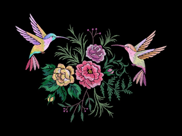 Embroidery flowers birds Stitched ornament tshirt embroidered print oriental style Hand made clothing design patch hummingbird and roses nowaday vector scene