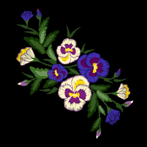 Vector embroidery pansies bouquet, traditional folk ornament with flowers for clothes design.