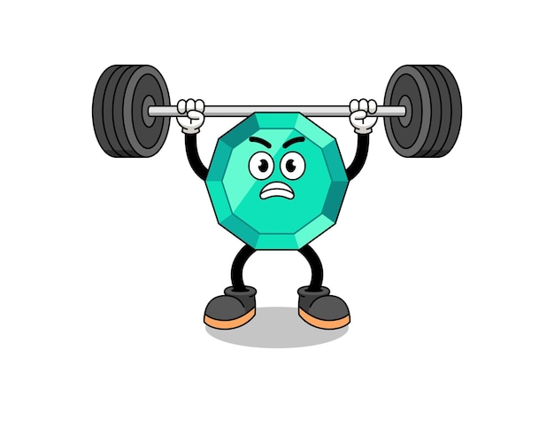 Emerald gemstone mascot cartoon lifting a barbell